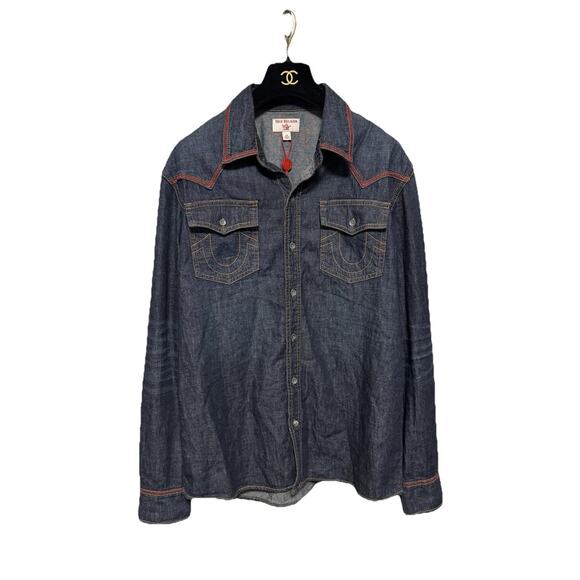 NWT True Religion Mens Large Blue Denim Western Released Hem Long Sleeve Shirt - Picture 2 of 10